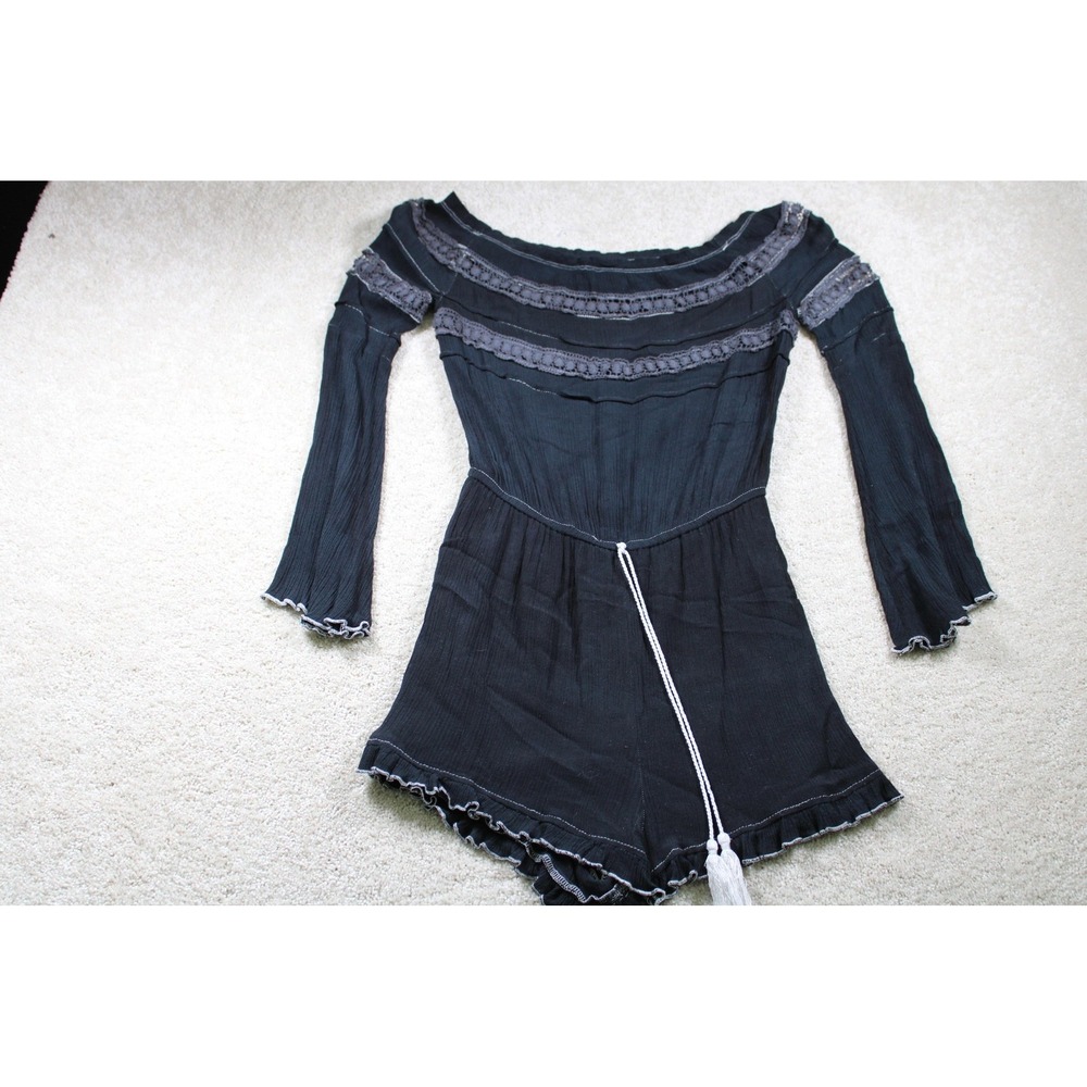 Rue21 Romper Womens Small Black Off‎ Shoulder Long Sleeve Boho Crochet Trim Lace